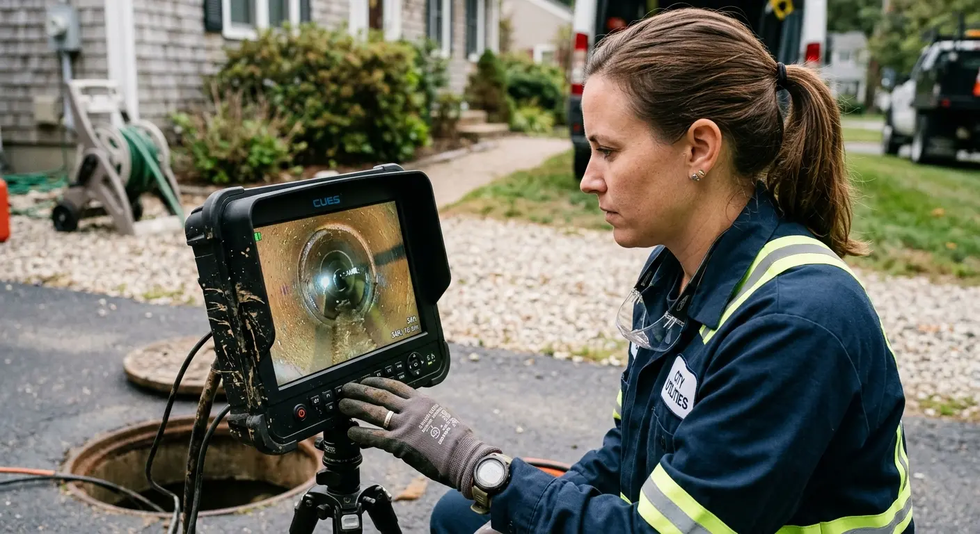 Technician reviewing sewer camera inspection footage in San Benito