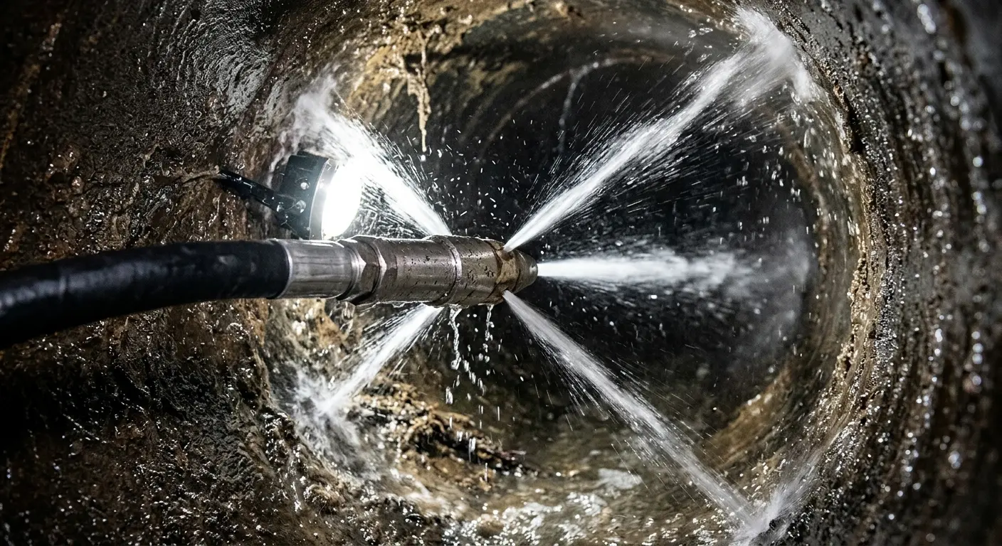 High-pressure hydro jetting nozzle cleaning sewer pipe for Sewer Cleanout in San Benito