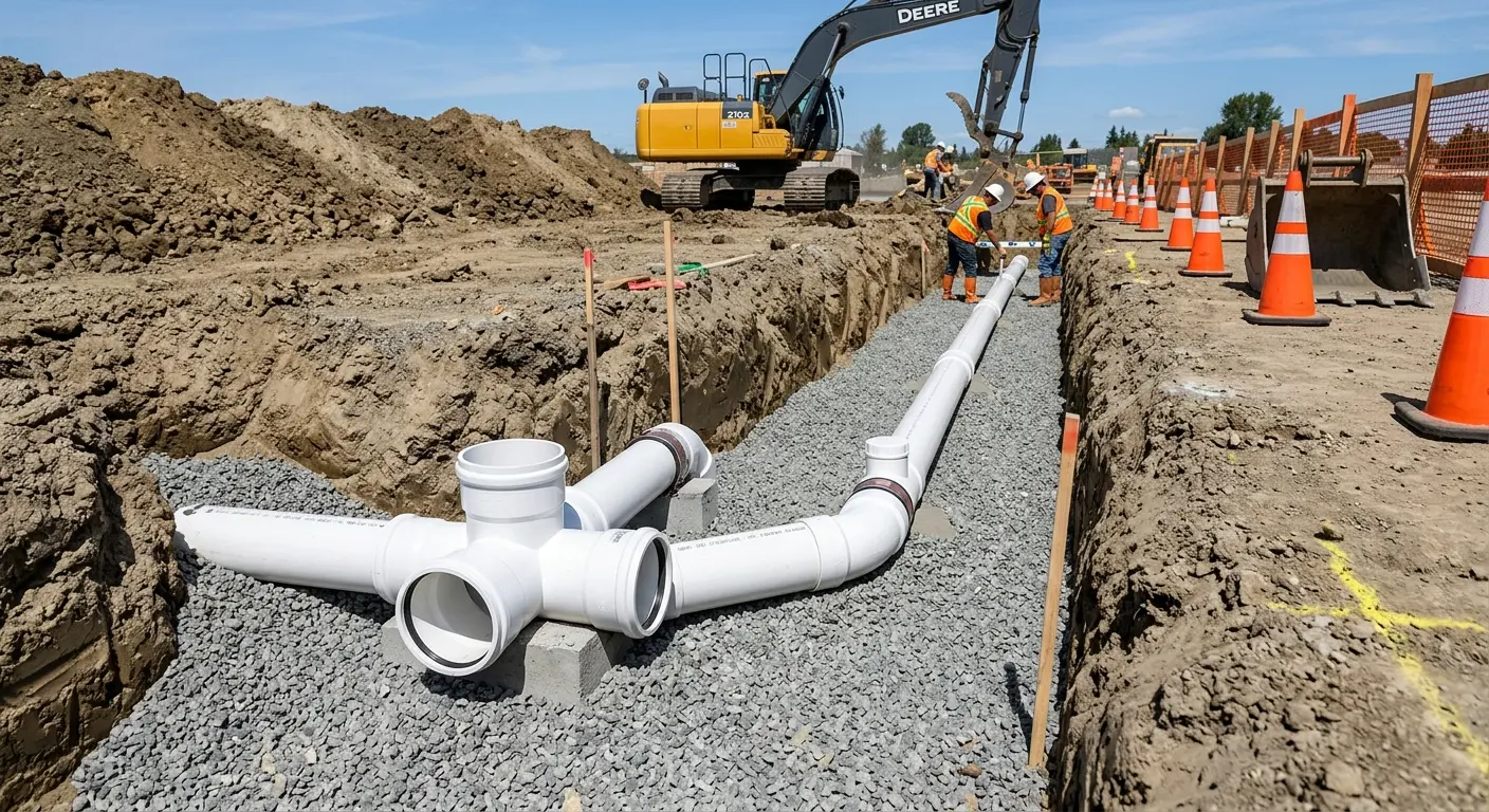 New PVC sewer pipe installation in open trench for Sewer Camera Inspection in San Benito