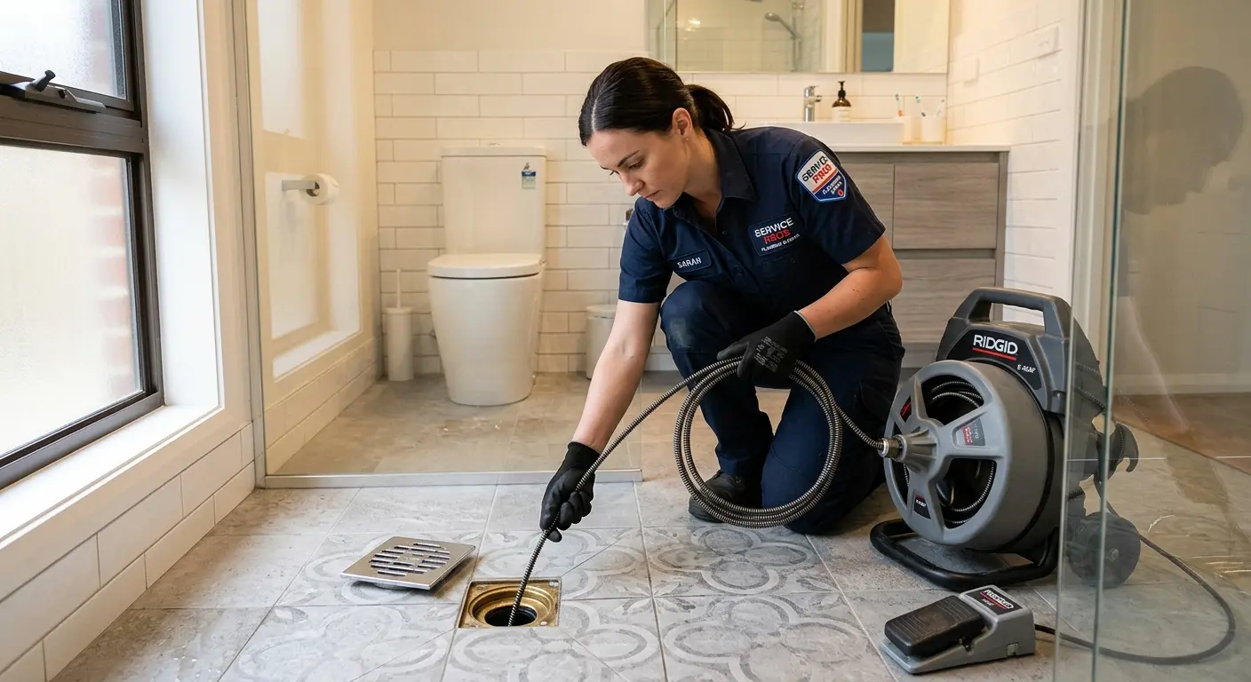 Technician clearing a bathroom floor drain for Sewer Line Installation in San Benito